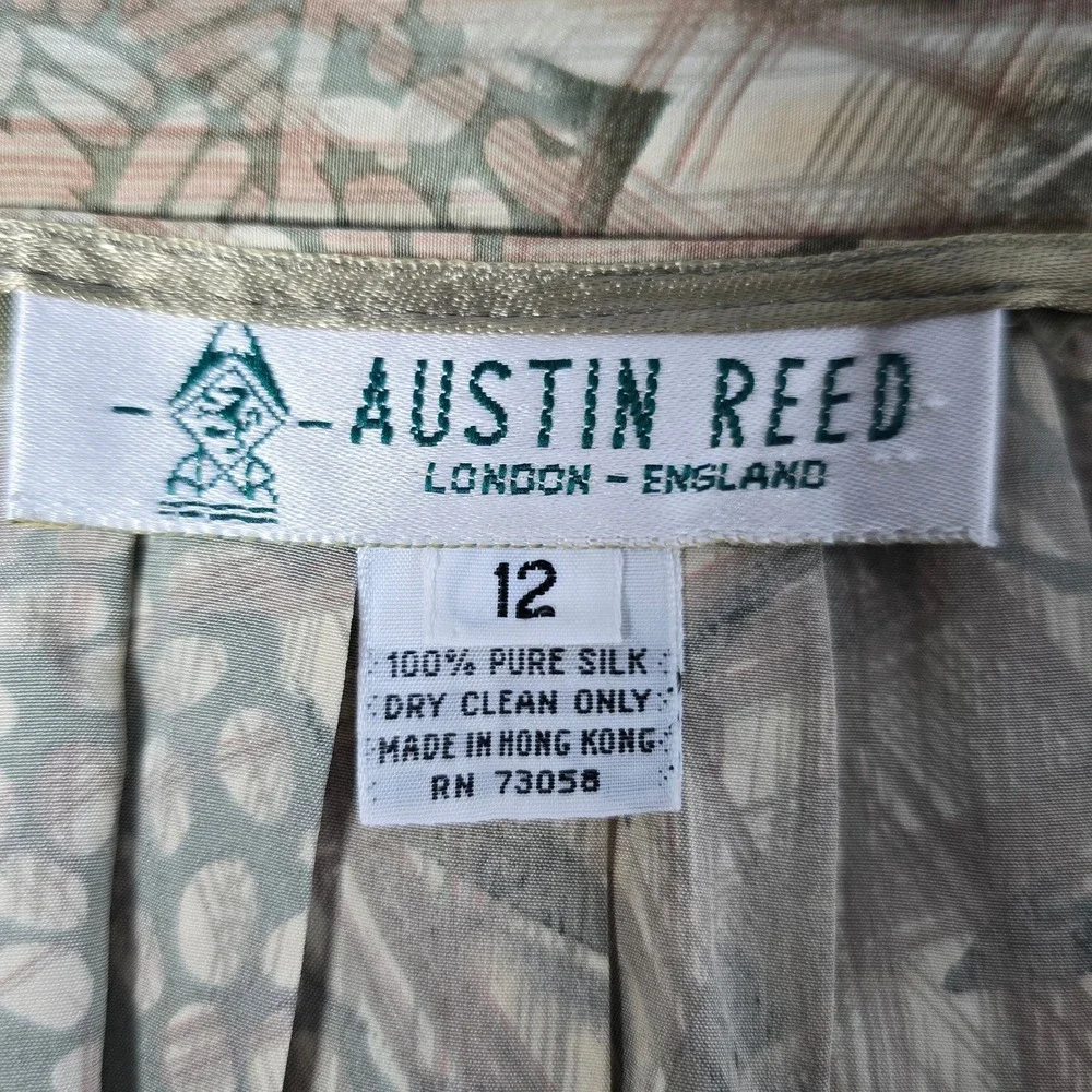 VTG Austin Reed 100% Silk Midi Skirt Green Tan Abstract Pleated Pockets Size 12 - Picture 6 of 7